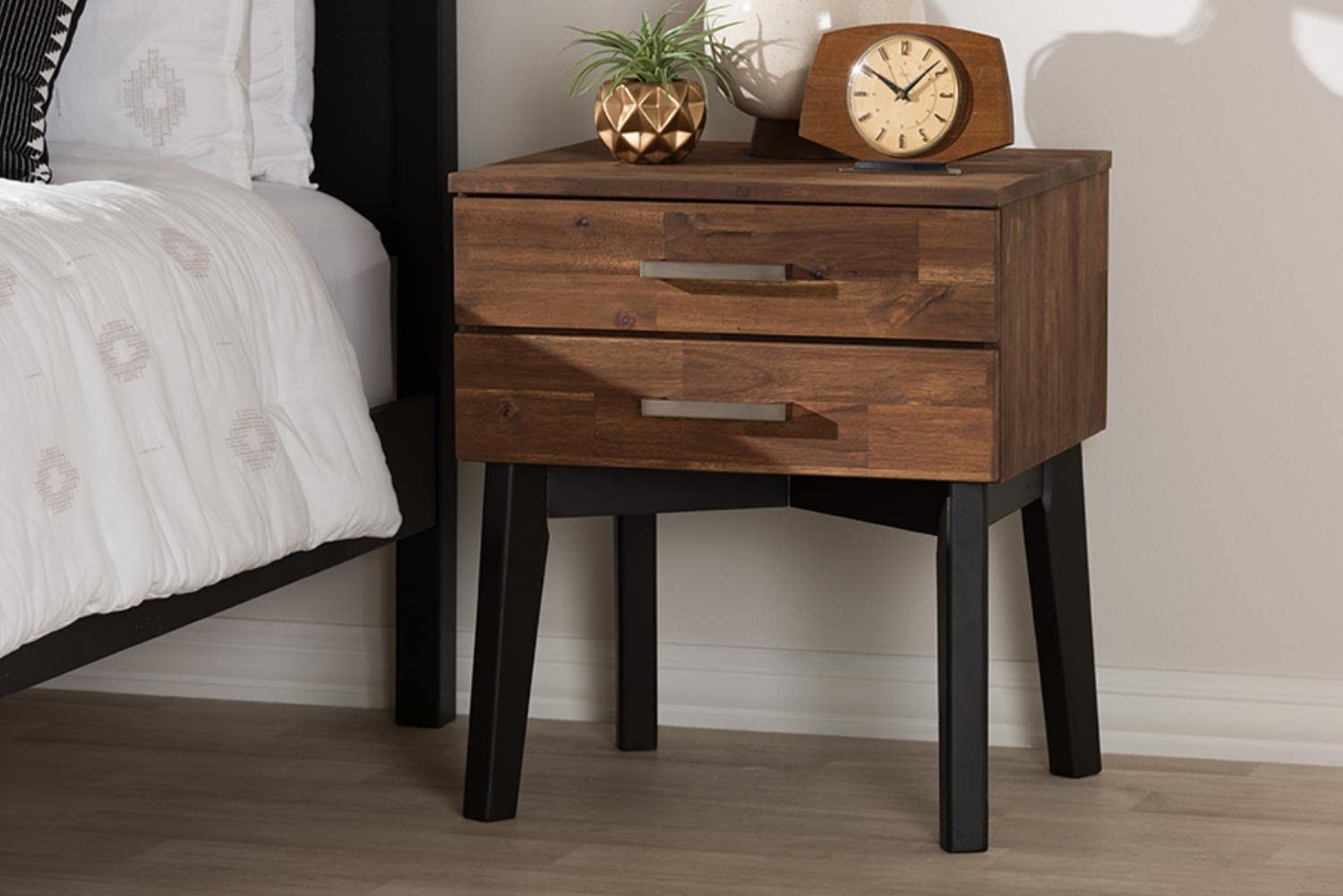 Baxton Studio Selena Mid-Century Modern Brown Wood 2-Drawer Nightstand Brown//Medium Wood/Mid-Century/Acacia Wood/Rubber Wood/Metal